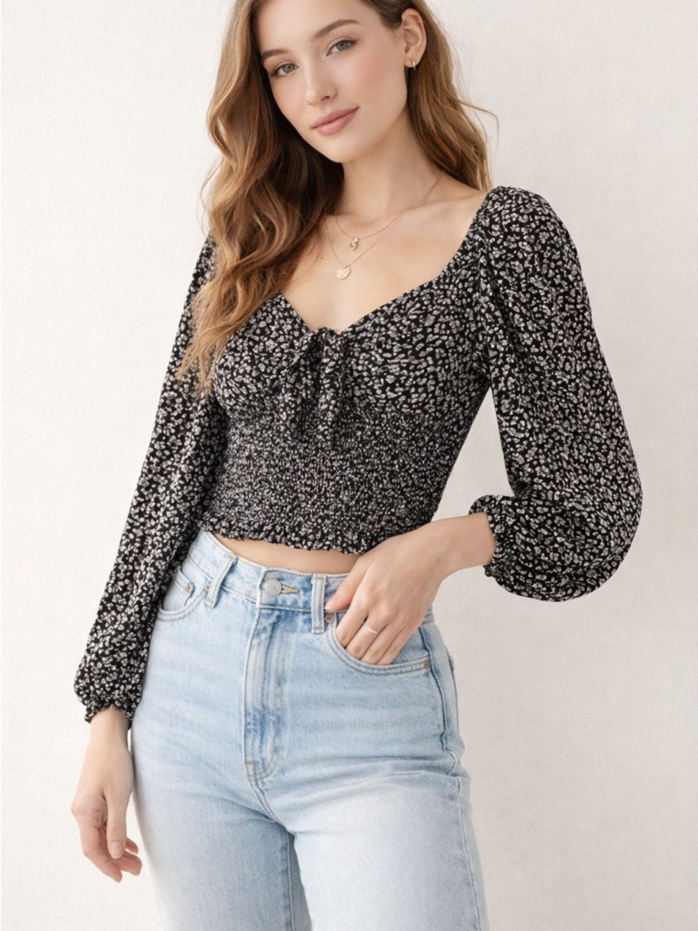 Love Tree Black Floral Smocked Crop Top Puff Sleeve Cottagecore Festival L